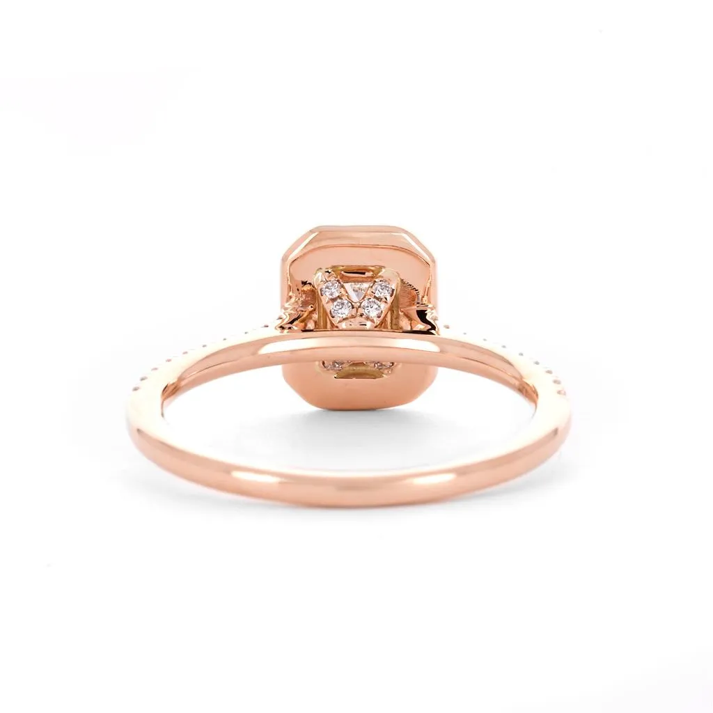 0.80ctw Emerald Diamond Engagement Ring, Halo, Pavê Band - 14K Rose Gold