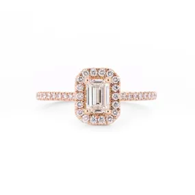 0.80ctw Emerald Diamond Engagement Ring, Halo, Pavê Band - 14K Rose Gold