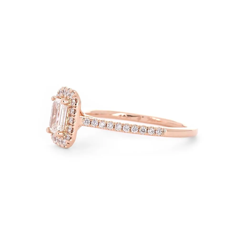 0.80ctw Emerald Diamond Engagement Ring, Halo, Pavê Band - 14K Rose Gold