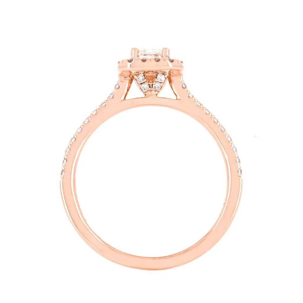 0.80ctw Emerald Diamond Engagement Ring, Halo, Pavê Band - 14K Rose Gold