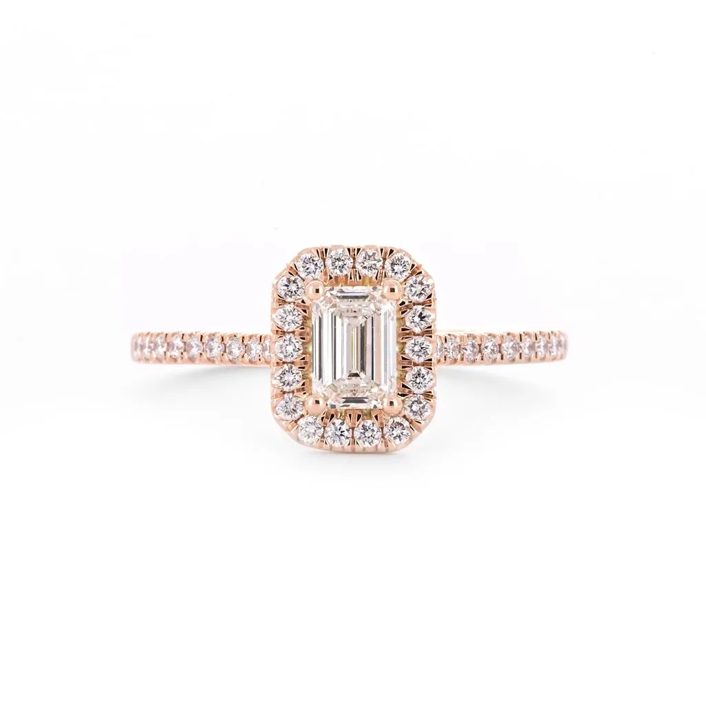 0.80ctw Emerald Diamond Engagement Ring, Halo, Pavê Band - 14K Rose Gold