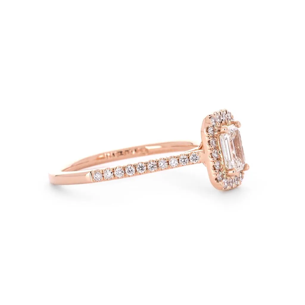 0.80ctw Emerald Diamond Engagement Ring, Halo, Pavê Band - 14K Rose Gold