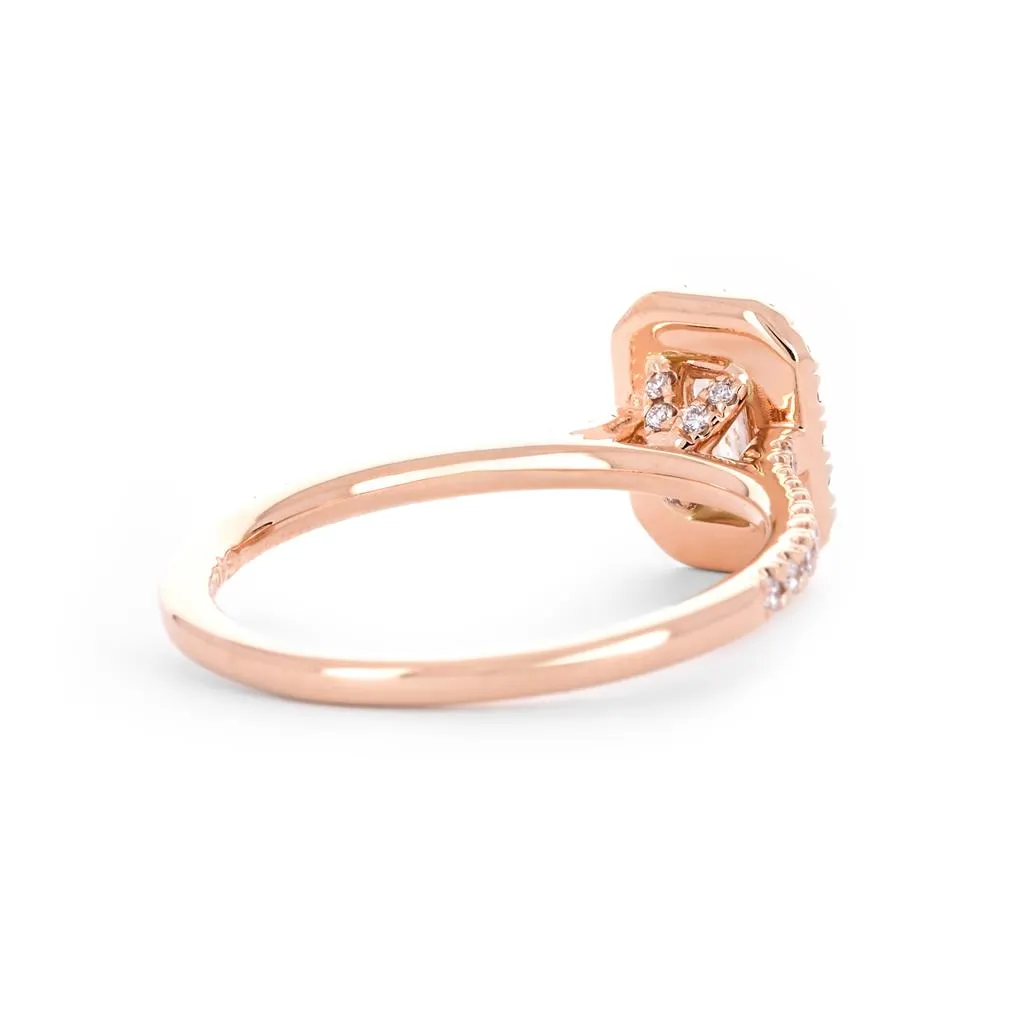 0.80ctw Emerald Diamond Engagement Ring, Halo, Pavê Band - 14K Rose Gold