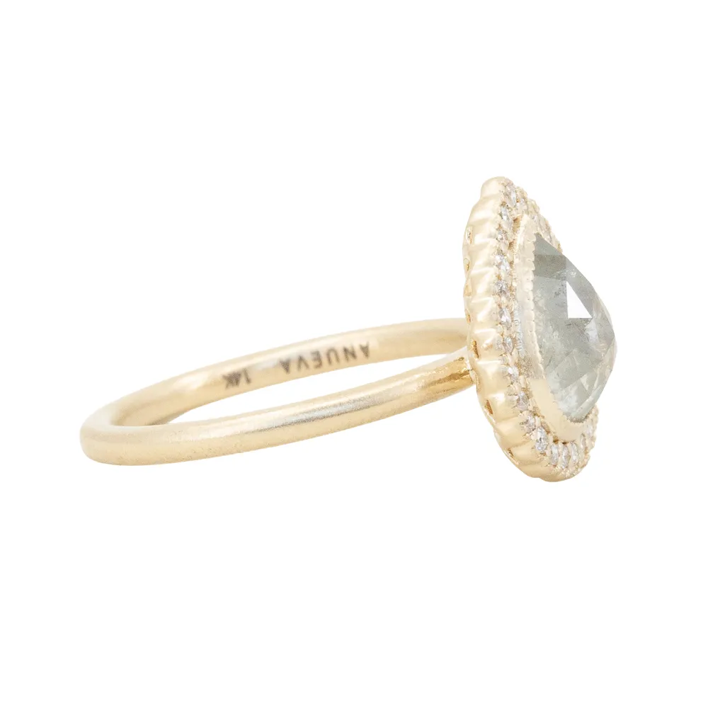 1.69ct Rosecut Grey Pear Diamond and Antique Style Scalloped Halo Ring in 14k Yellow Gold Satin Finish