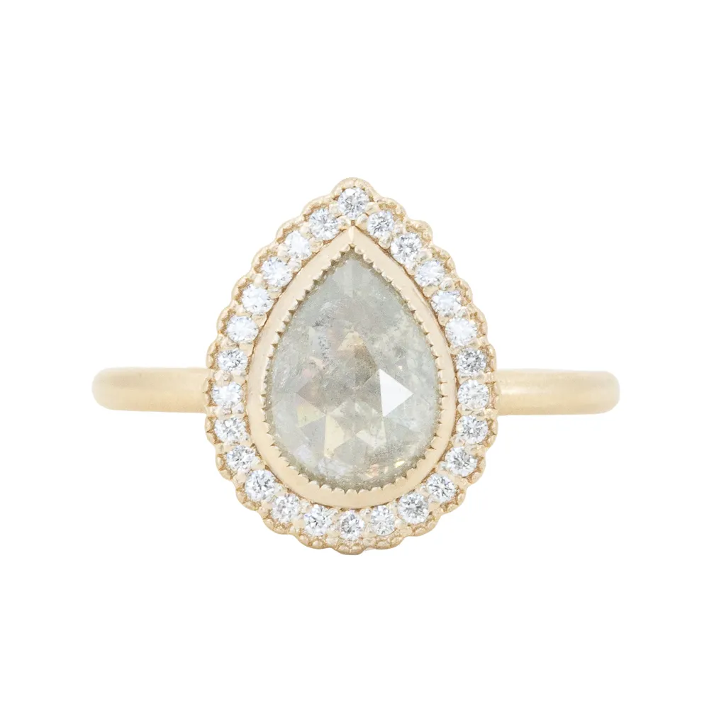 1.69ct Rosecut Grey Pear Diamond and Antique Style Scalloped Halo Ring in 14k Yellow Gold Satin Finish