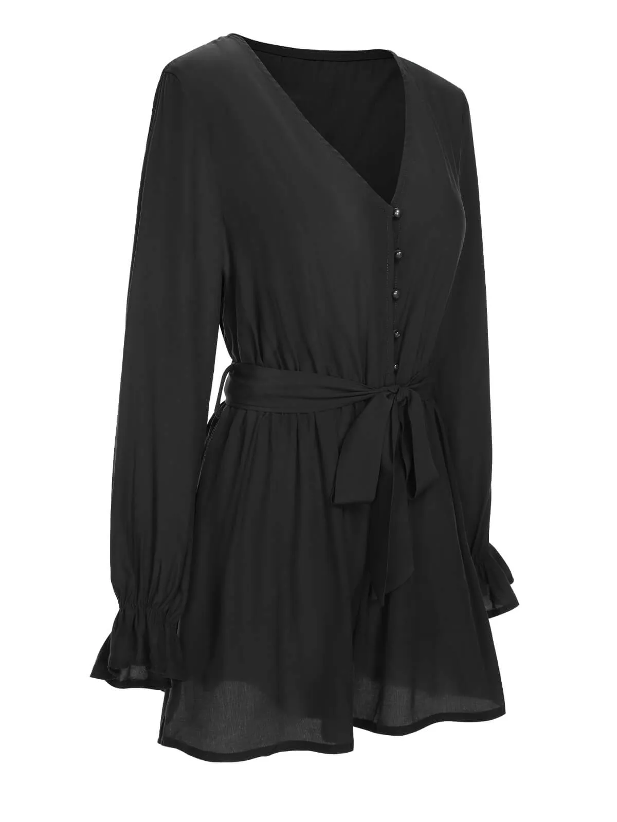 1950s Solid Ruffled Cuff V-Neck Romper