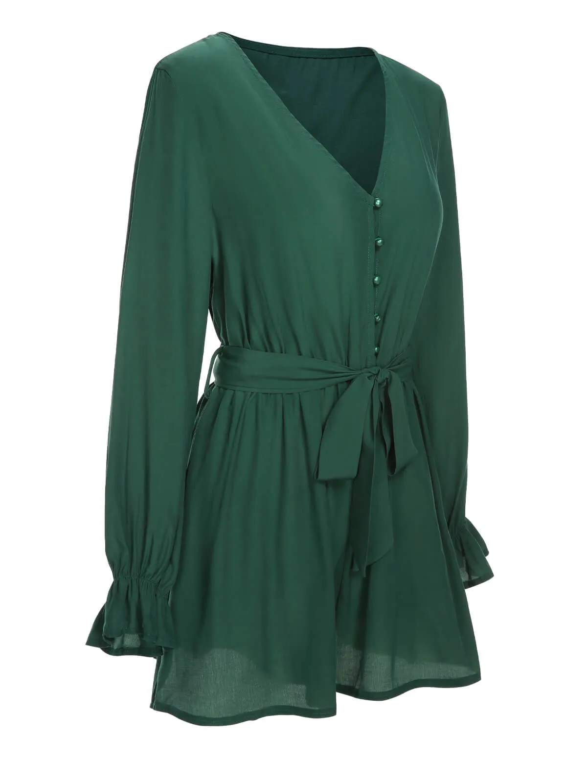 1950s Solid Ruffled Cuff V-Neck Romper