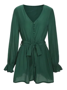 1950s Solid Ruffled Cuff V-Neck Romper