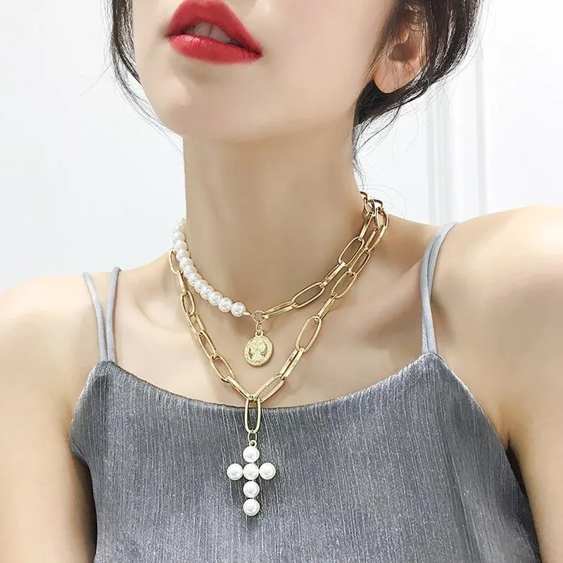 2-Piece Gold Chain Necklace with Pearls and Cross Pendant