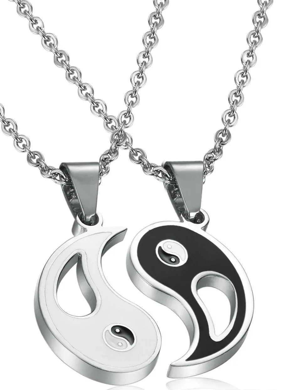 2pcs Stainless Steel Yin Yang Pendant Necklace for Men Women Puzzle Couples Necklace,22 inches