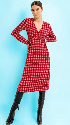 4-A1385 Red Print Faux Wrap Dress