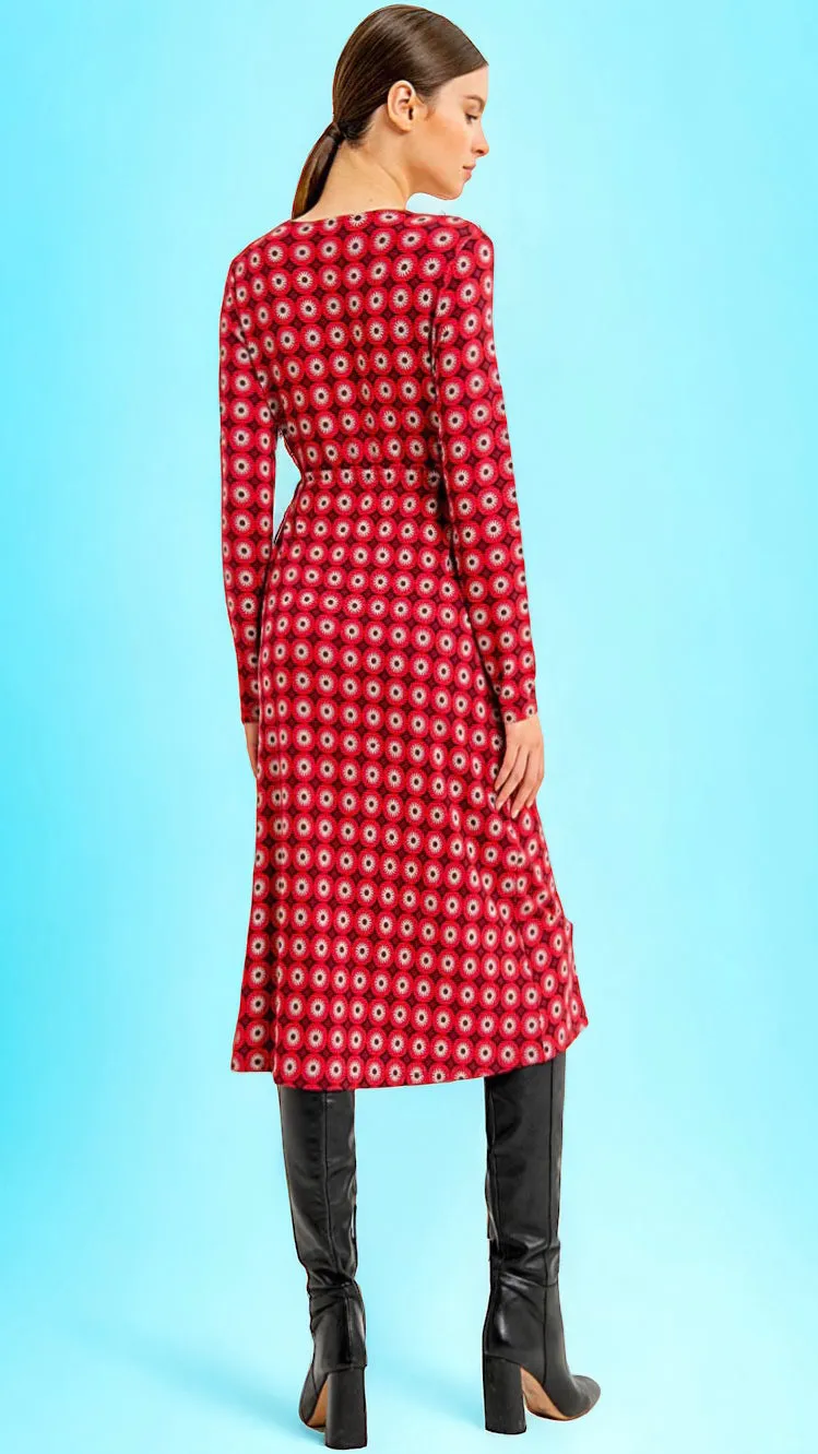 4-A1385 Red Print Faux Wrap Dress