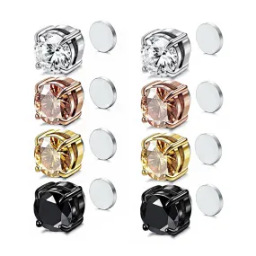 4 Pairs Stainless Steel Stud Earrings for Men Women Ear Non - Piercing Earrings Cubic Zirconia Inlaid