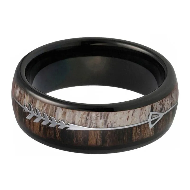 8mm Arrow Inlay Deer Antler and Zebra Wood Tungsten Carbide Ring