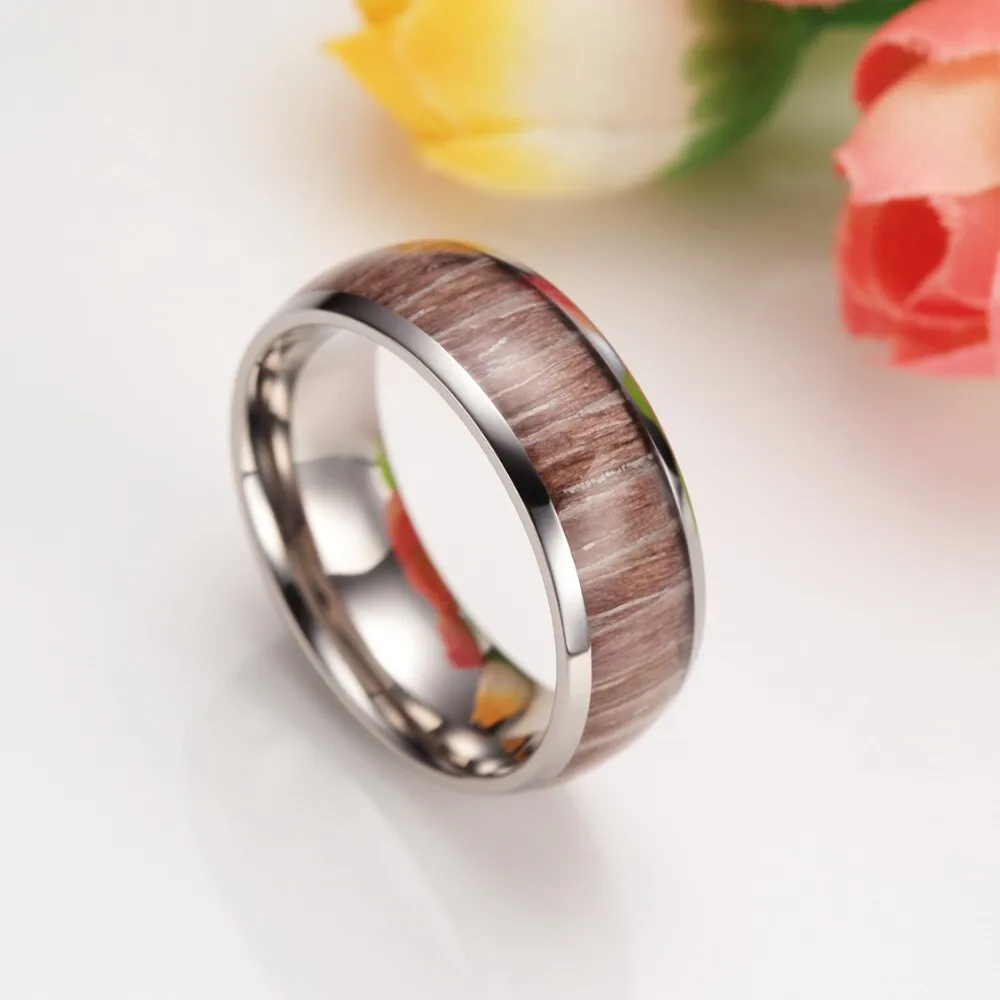 8mm Mahogany Wood Inlay Domed with Polished Edges Titanium Fashion Wedding Band