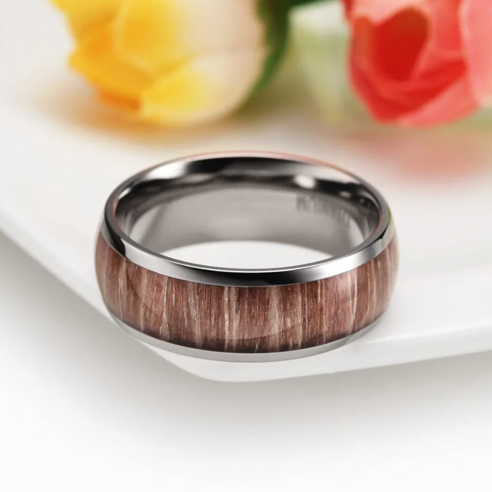 8mm Mahogany Wood Inlay Domed with Polished Edges Titanium Fashion Wedding Band