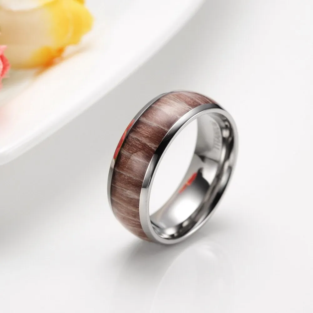 8mm Mahogany Wood Inlay Domed with Polished Edges Titanium Fashion Wedding Band