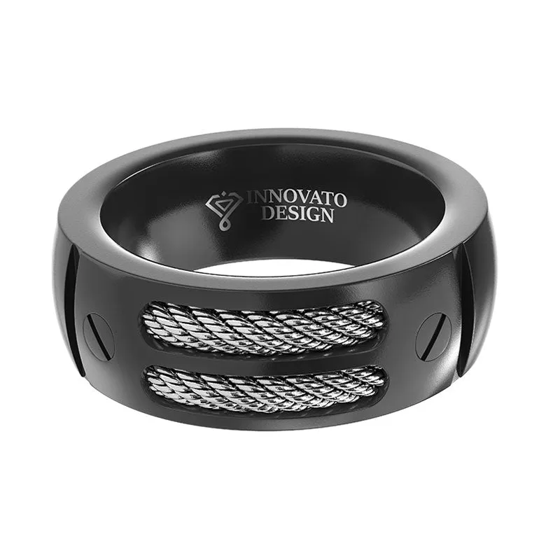 8MM Men's Black Titanium Ring Wedding Band with Stainless Steel Cables and Screw Design Sizes 7 to 13