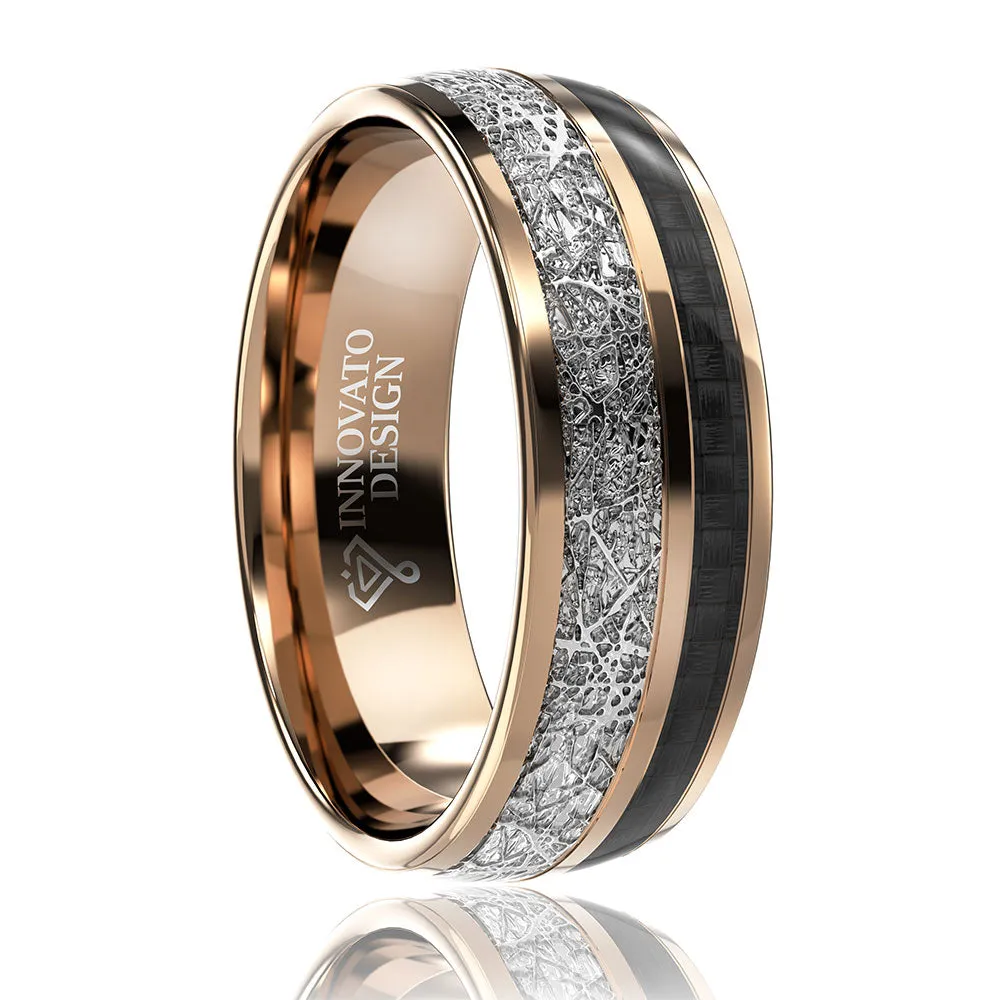 8mm Rose Gold Tungsten Carbon Fiber Meteorite Wedding Band