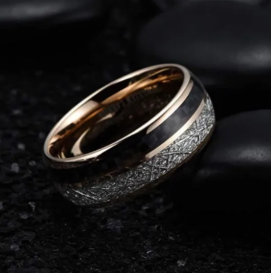 8mm Rose Gold Tungsten Carbon Fiber Meteorite Wedding Band