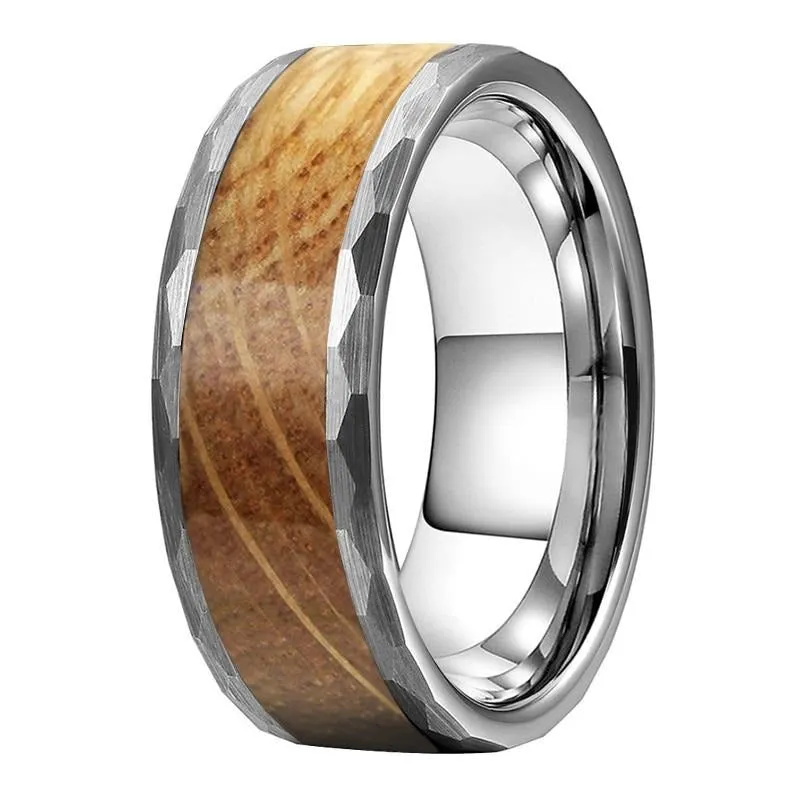 8mm Whiskey Barrel Oak Wood Inlay Multi-Faceted Tungsten Wedding Band