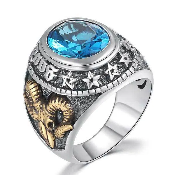 925 Silver Blue Zircon Men's Ring with Gold Plated Gothic Ram Head and Eye Of Providence