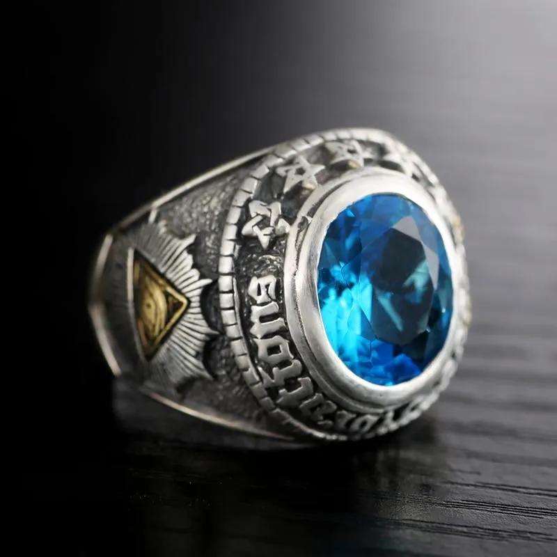 925 Silver Blue Zircon Men's Ring with Gold Plated Gothic Ram Head and Eye Of Providence