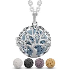 925 Sterling Silver Lava Stone Aromatherapy Tree of Life Pendant Necklace