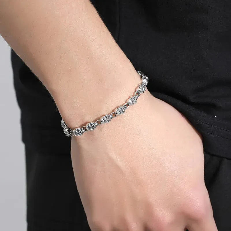 925 Sterling Silver Retro Skull Friendship Bangle Bracelet