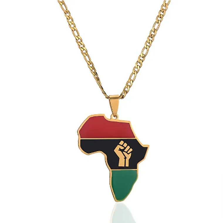 African Colored Map Pendant First Symbol Cuban Chain Necklace