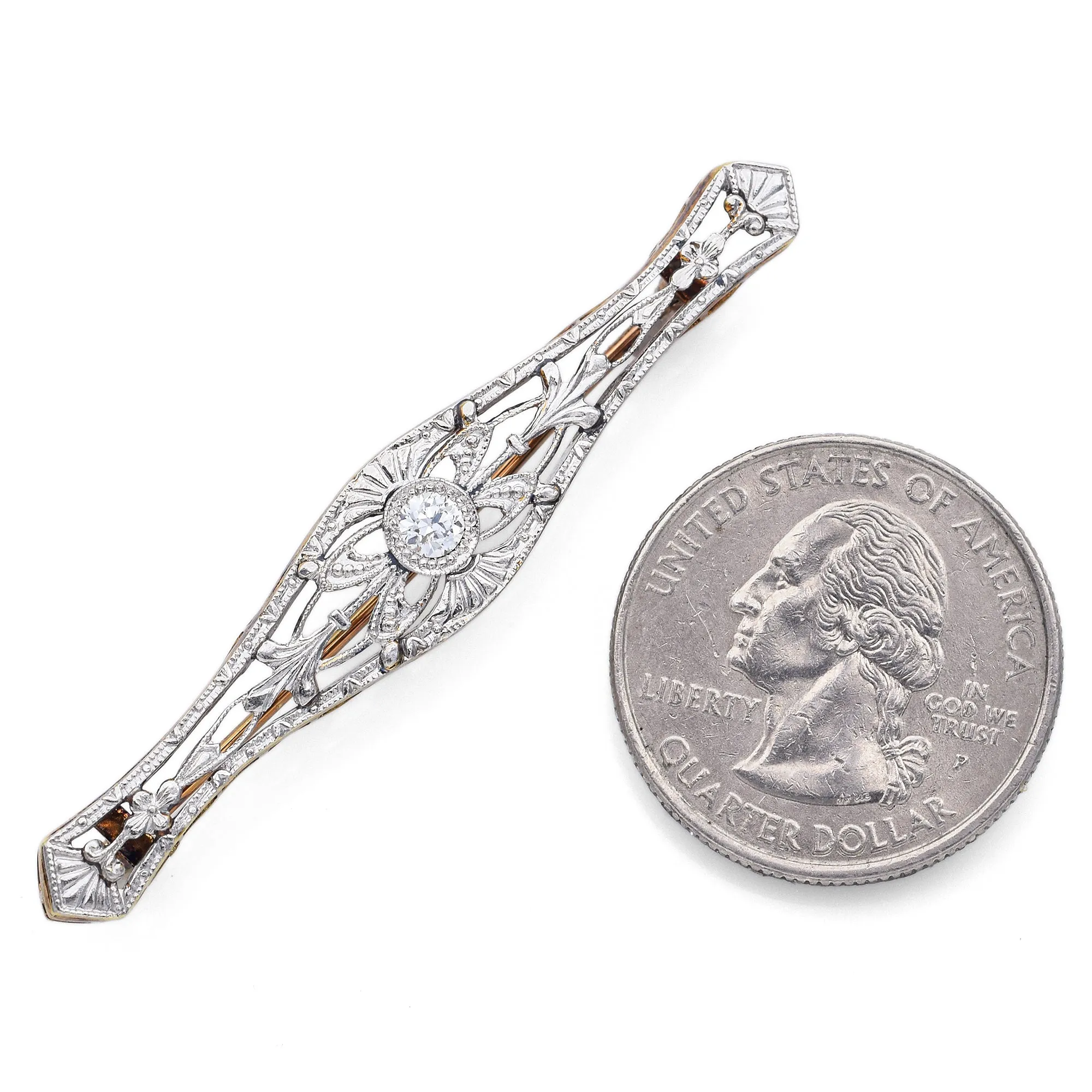 Antique Art Deco 14K Yellow Gold & Platinum Diamond Bar Brooch Pin