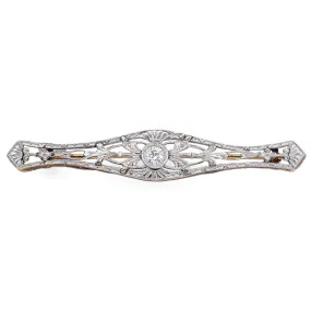 Antique Art Deco 14K Yellow Gold & Platinum Diamond Bar Brooch Pin