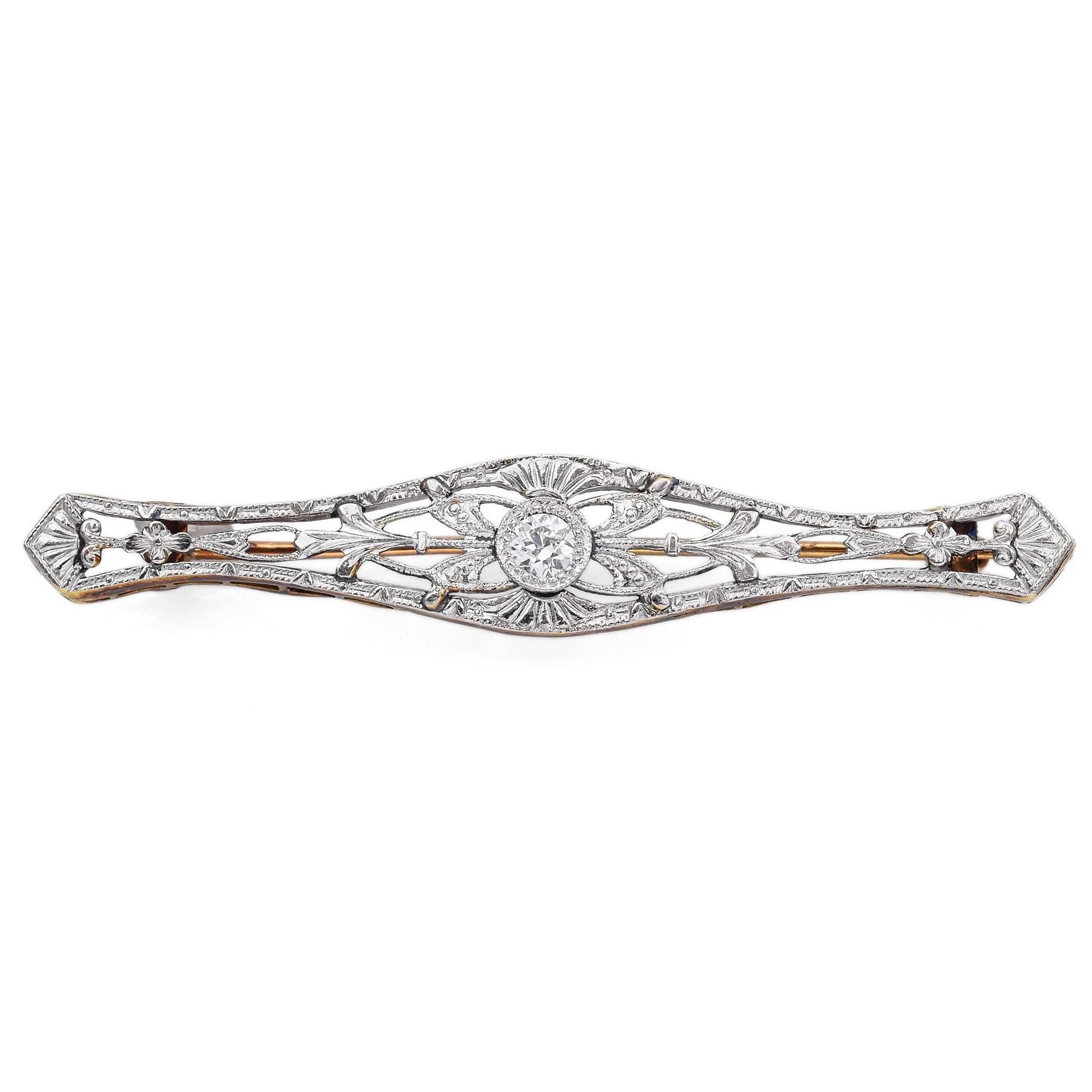 Antique Art Deco 14K Yellow Gold & Platinum Diamond Bar Brooch Pin