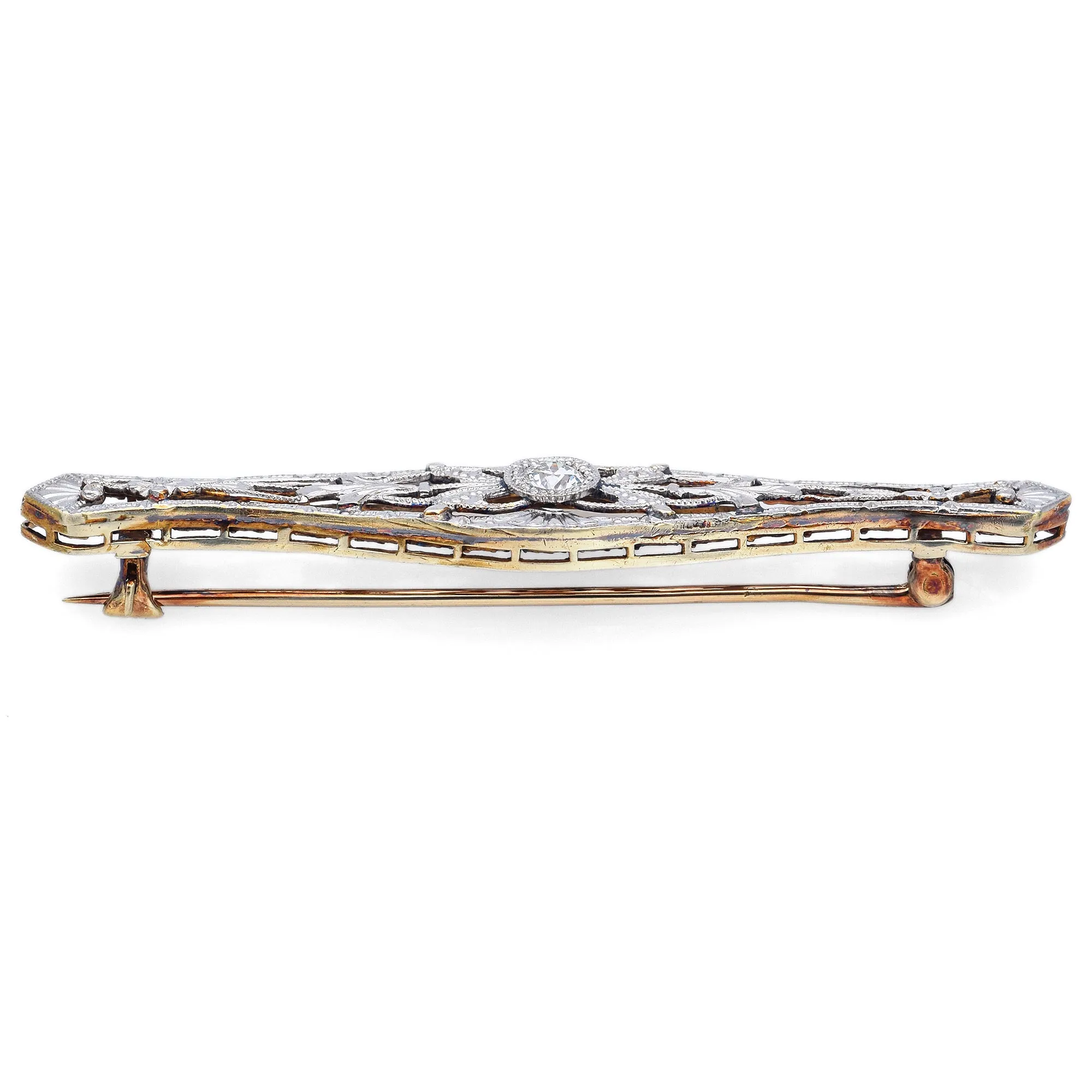 Antique Art Deco 14K Yellow Gold & Platinum Diamond Bar Brooch Pin