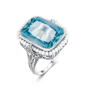 Aquamarine Ring With Natural Fresh Water Peals - 925 Sterling Silver