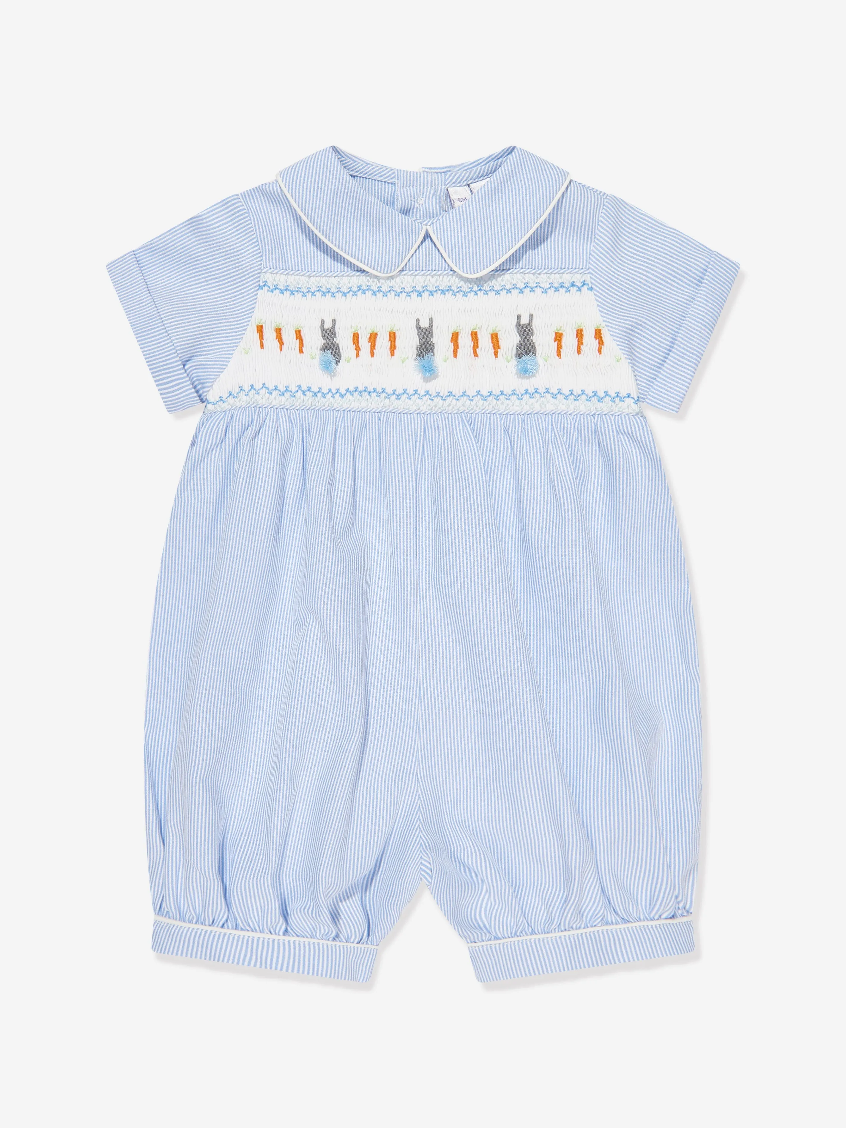 Baby Boys Bunny Smocked Romper in Blue