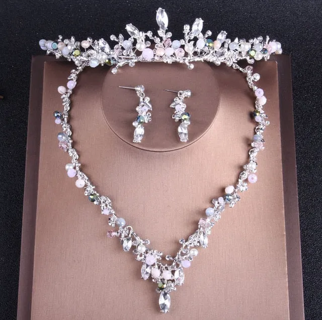 Baroque Silver-Plated Crystal and Rhinestone Tiara, Necklace & Earrings Wedding Jewelry Set