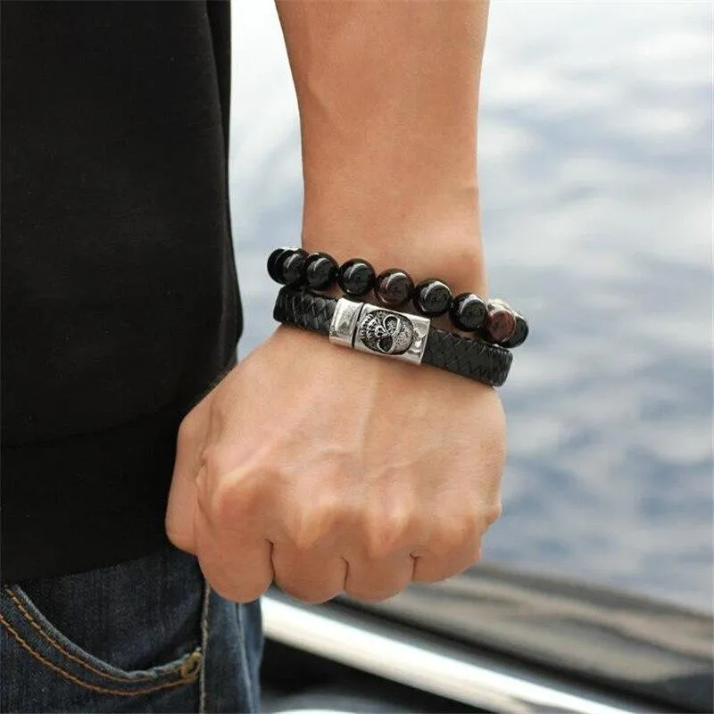 Black and Blue Braided Leather Stainless Steel Skull Bracelet