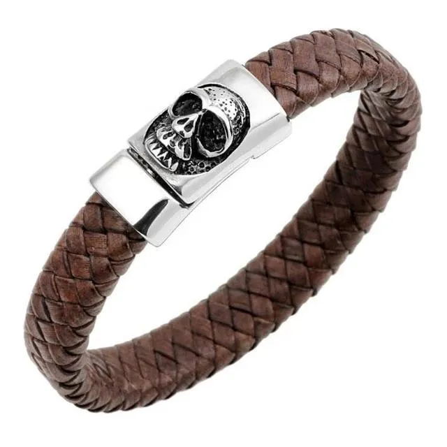 Black and Blue Braided Leather Stainless Steel Skull Bracelet