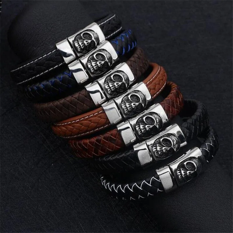 Black and Blue Braided Leather Stainless Steel Skull Bracelet