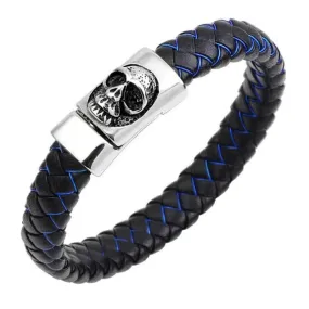 Black and Blue Braided Leather Stainless Steel Skull Bracelet