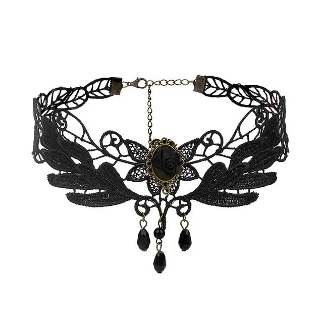 Black Beaded Choker Lace Gothic Vintage Necklace