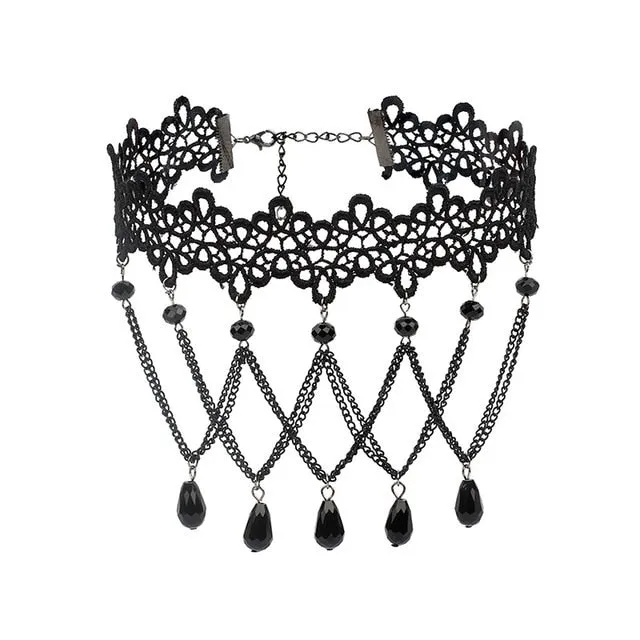 Black Beaded Choker Lace Gothic Vintage Necklace