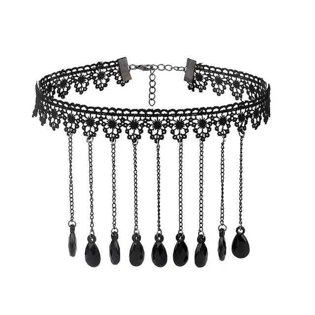 Black Beaded Choker Lace Gothic Vintage Necklace