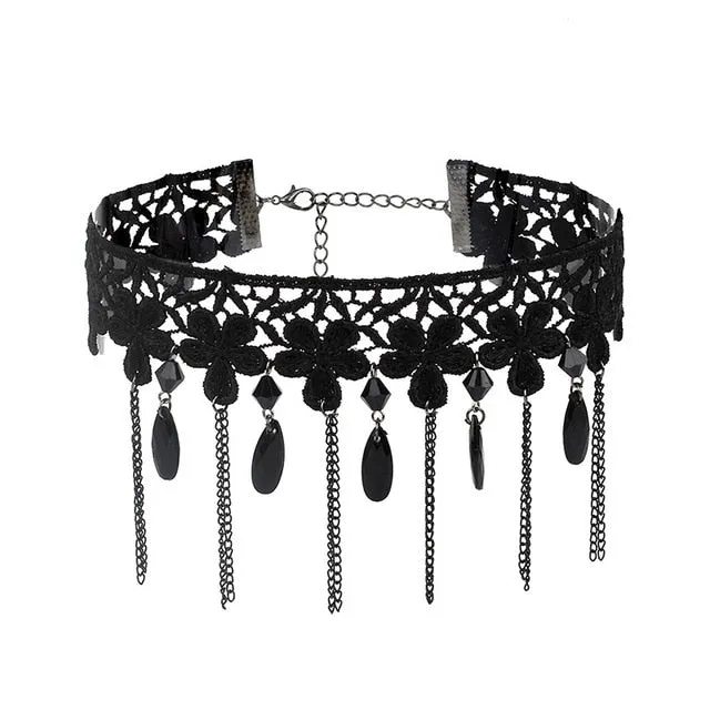 Black Beaded Choker Lace Gothic Vintage Necklace