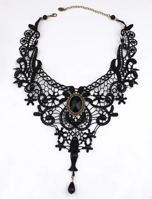 Black Beaded Choker Lace Gothic Vintage Necklace