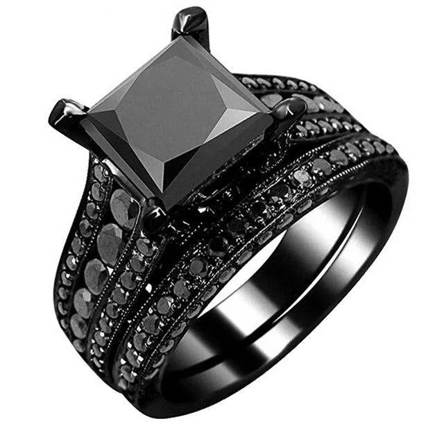 Black Cubic Zirconia and Plain Tungsten Carbide Wedding Ring Set