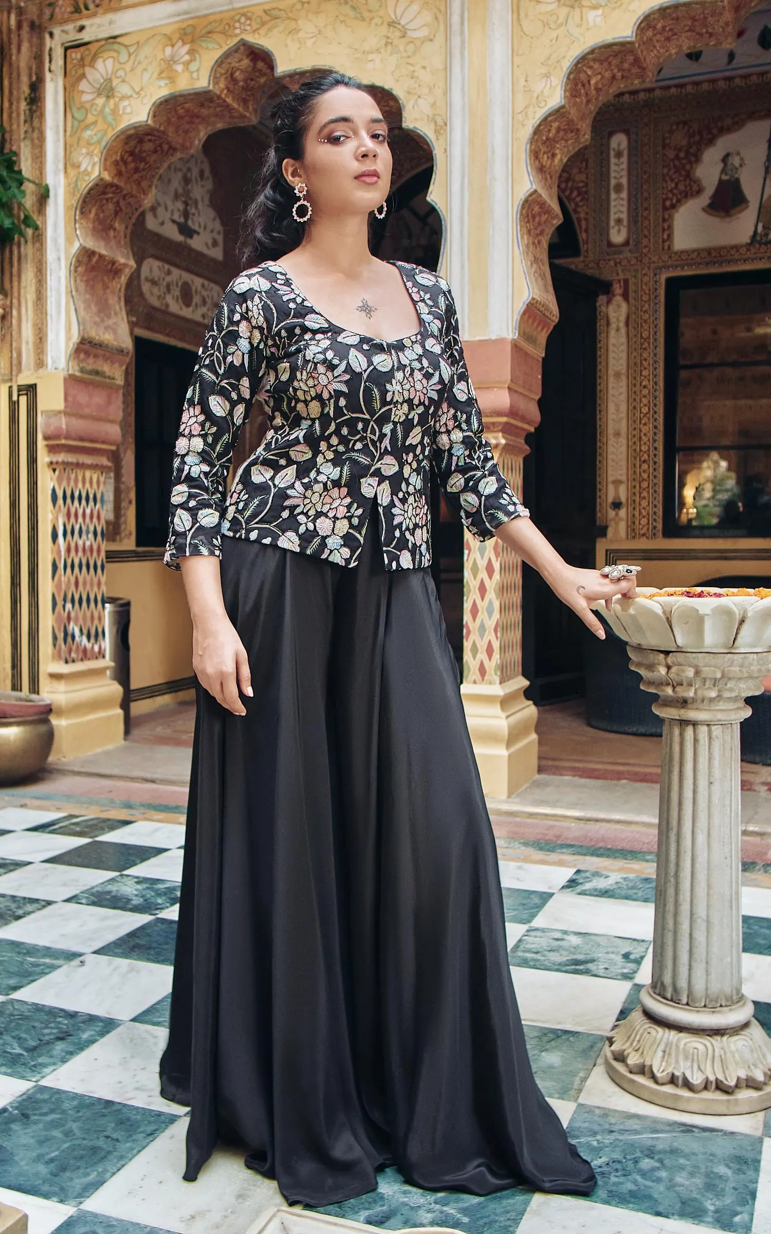 Black Floral Embellished Habutai Silk Palazzo With Top