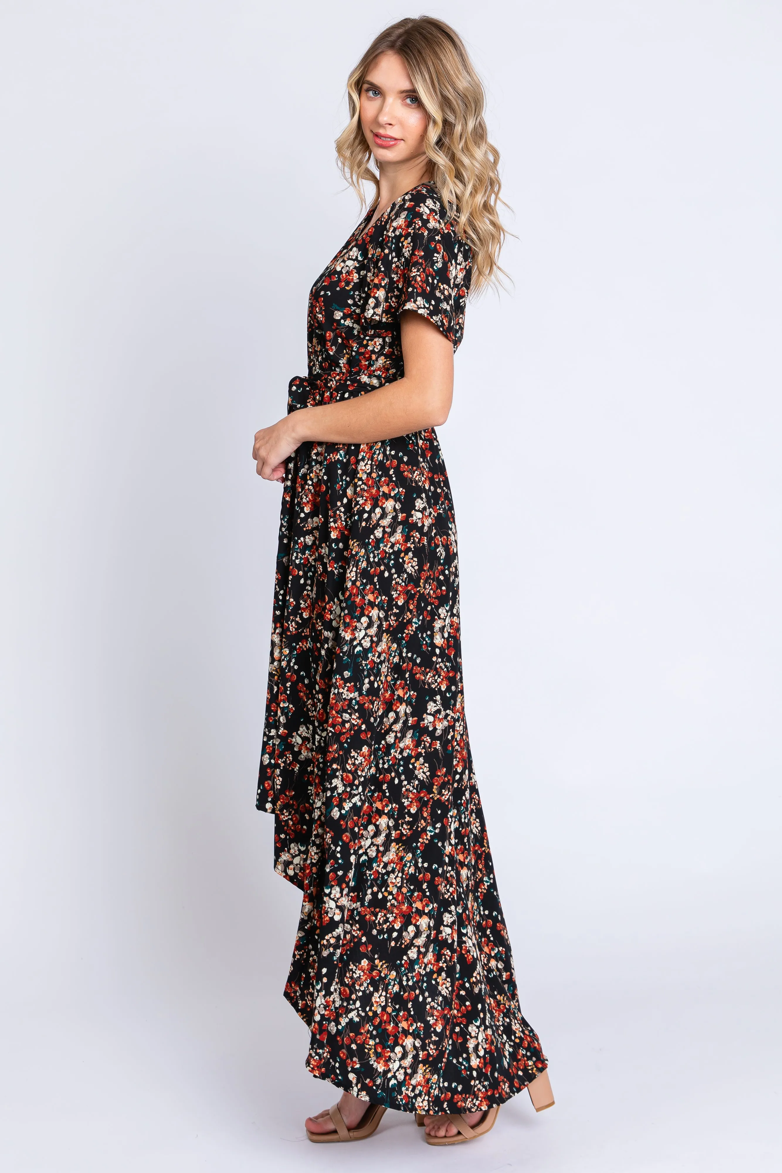 Black Floral Hi-Lo Wrap Maxi Dress