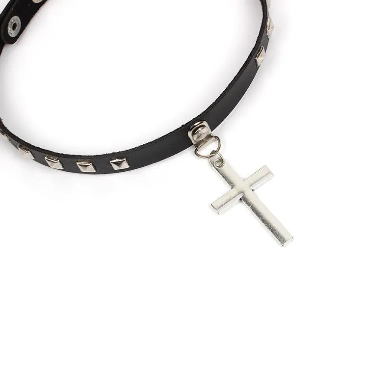 Black Leather Gothic Cross Choker Necklace